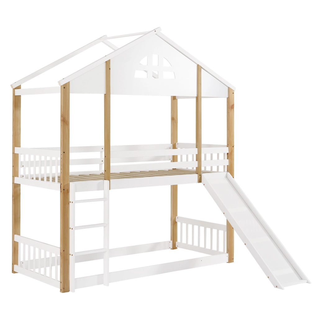 Letto a castello 90x200 cm con scivolo e scala in legno di pino e MDF bianco