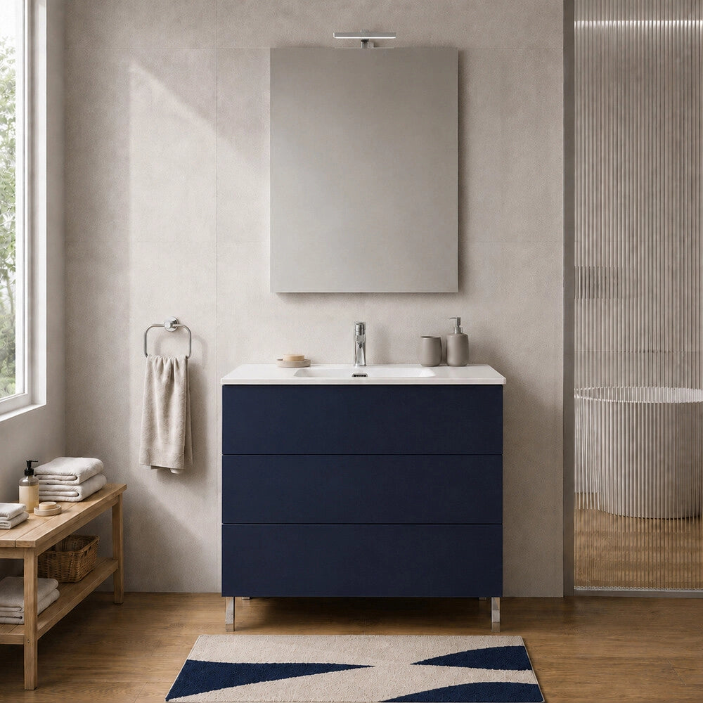 Mobile bagno a terra 100 cm blu tre cassetti push-pull con lavabo Tierra