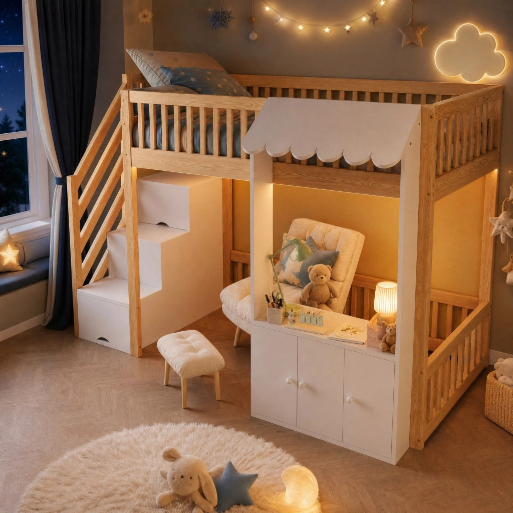 Letto a soppalco singolo 90x200 cm in legno colore legno; con scala contenitore e LED