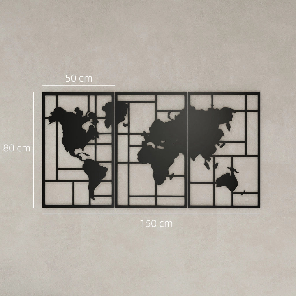 Mappa Mondo in 3 Pezzi per Parete ¨C zephmum ¨C Nero 60x40 cm