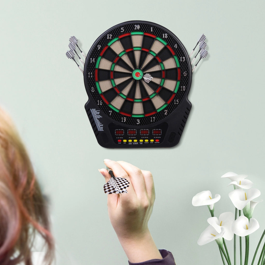 Bersaglio elettronico ULEVR per freccette con 27 giochi, 243 varianti, 6 freccette e 4 display LED, nero