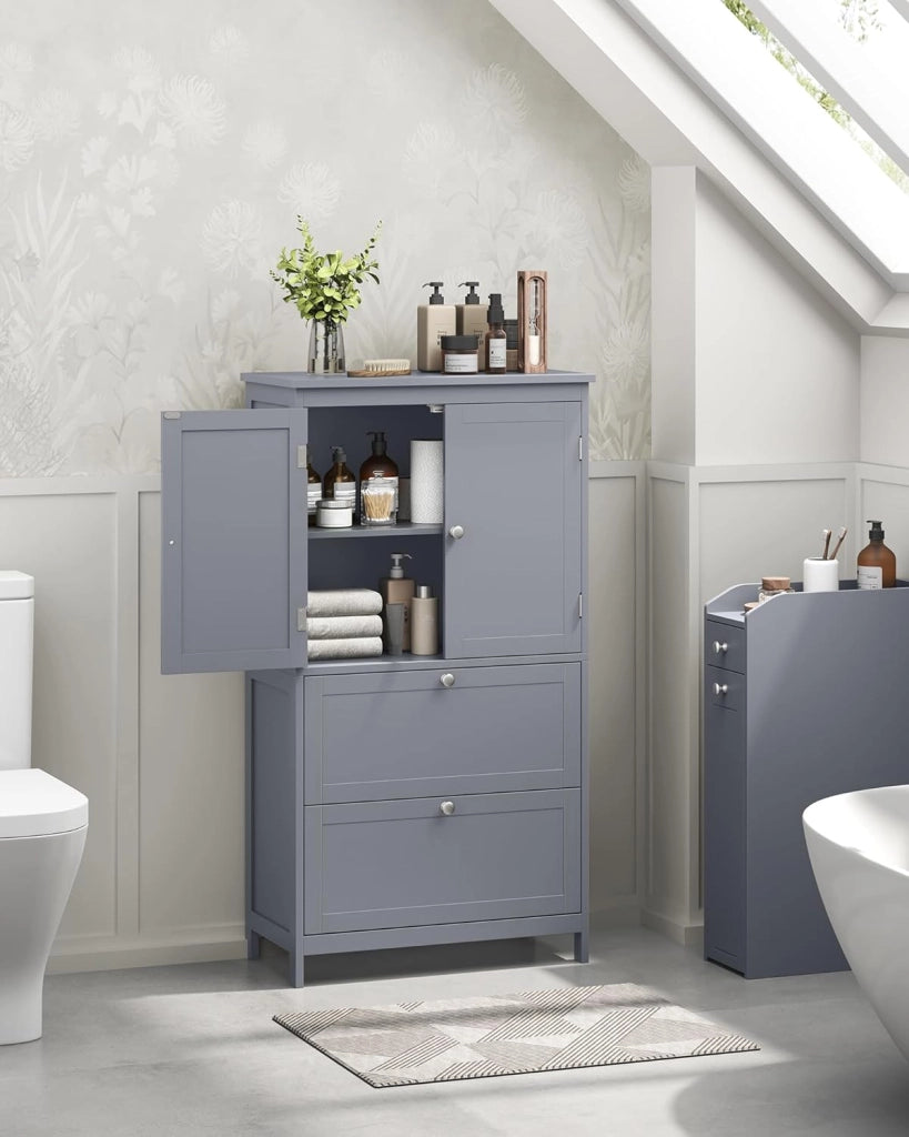 VASAGLE Mobile da Bagno, Mobiletto da Bagno, Credenza da Cucina, Armadietto con 2 Cassetti e 2 Ante, Ripiano Regolabile, 30 x 60 x 110 cm, Grigio Tortora BBC551G02