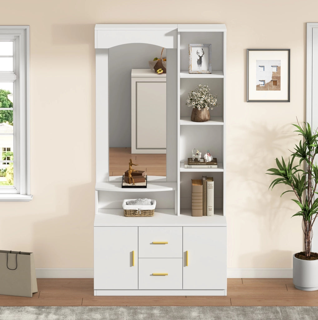 Mobile ingresso multifunzione 90x40x180 cm con specchio; 2 armadi e 2 cassetti; bianco