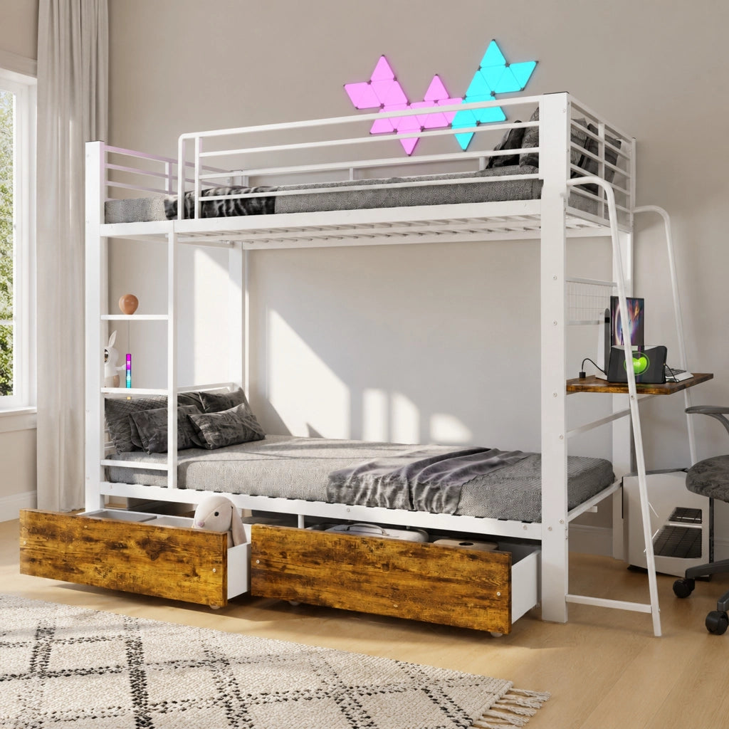 Letto a soppalco 90x200 cm con scrivania; illuminazione LED; MDF e metallo; bianco