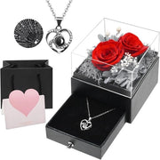 Collana con Rosa Preservata con Cuore in Scatola Regalo per la Mamma Donne Fiori Stabilizzati per San Valentino Giorno della Mamma Natale Compleanno Anniversario Rosso