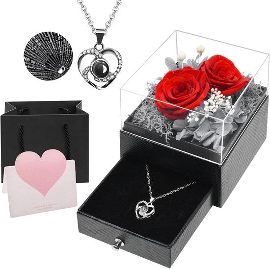 Collana con Rosa Preservata con Cuore in Scatola Regalo per la Mamma Donne Fiori Stabilizzati per San Valentino Giorno della Mamma Natale Compleanno Anniversario Rosso