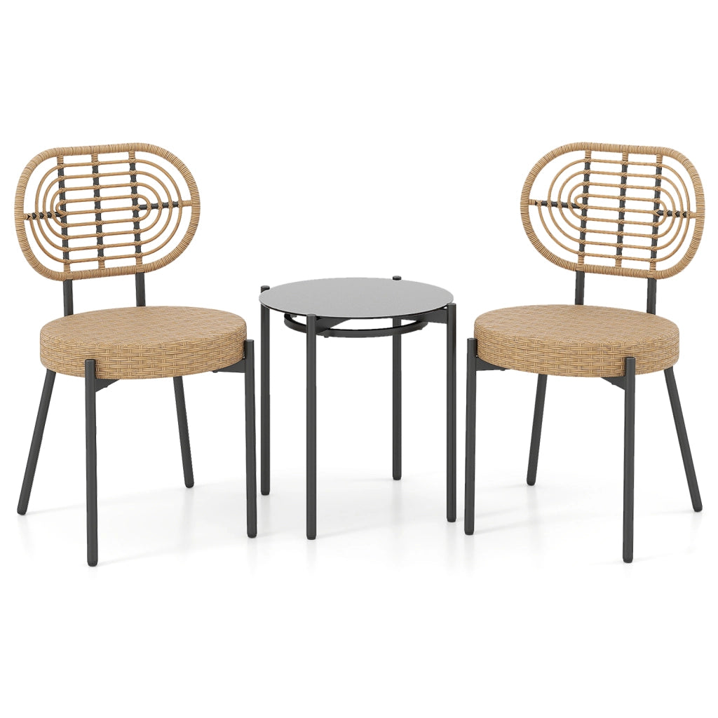 Set bistrò esterno 3 pz vimini pe sedie tavolino vetro temperato-Set conversazione patio mobili esterni balcone terrazza giardino