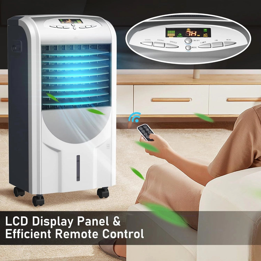 Ventilatore 5 in 1, Ventilatore, Riscaldatore, Purificatore d'Aria, Umidificatore & Raffrescatore, 3 Velocità, Serbatoio Acqua 7L, Timer 8H, Telecomando, per Salone, Camera da Letto, Ufficio