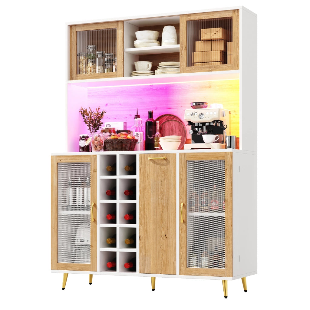Credenza Multifunzione con LED ¨C MINIMAL ¨C Bianco con Legno, 5 Ante, 120x40x170cm
