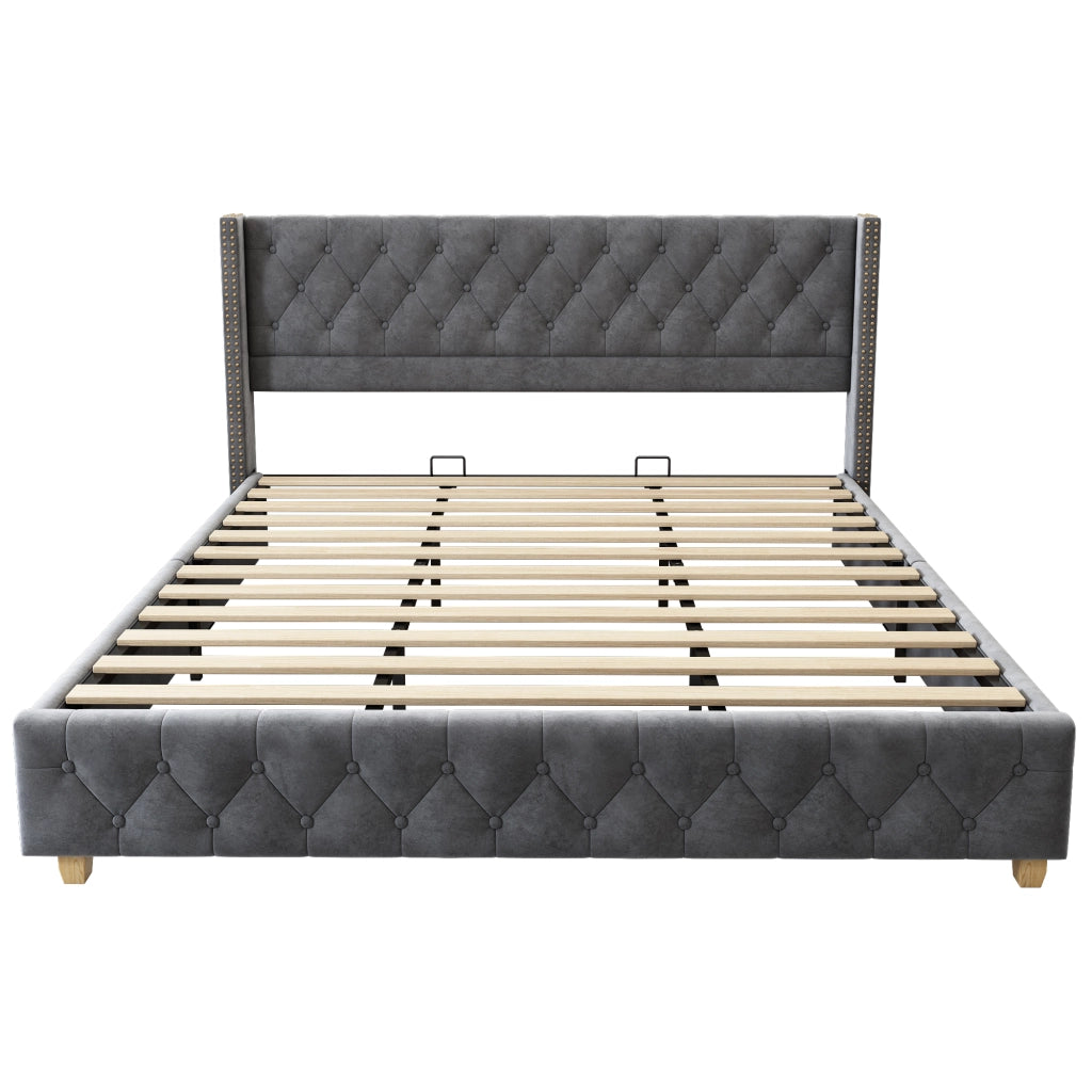 Letto Adulto 180×200 cm; Letto Matrimoniale in Velluto con Testiera Imbottita e Borchie; senza Materasso; Grigio