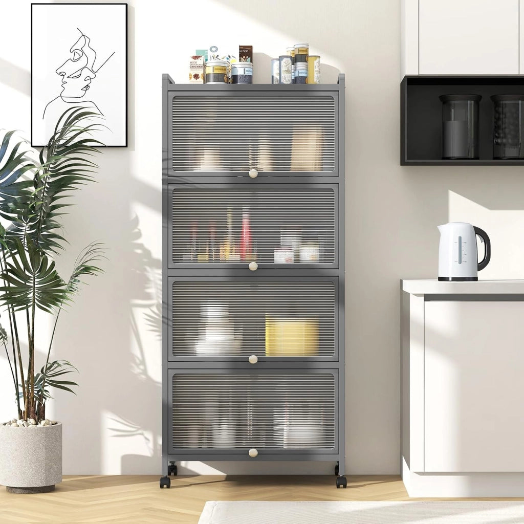 Mobile Dispensa Cucina a 5 Livelli, Mensola Microonde con Anta a Vista, Ruote, Dispositivo Antiribaltamento, Scaffale da Cucina in Ferro per Soggiorno, Sala da Pranzo, 60x32x154cm (Grigio)