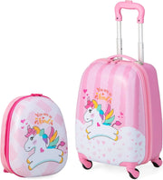 Valigia per bambini con ruote leggere con zainetto, bagaglio cabina bambino con spazio sufficiente per viaggiare, scuola, campeggio, rosa, unicorno