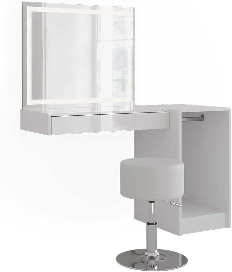 Tavolo da toeletta Sherry, Bianco/bianco lucido, 120 cm 4 parti, con illuminazione LED e specchio integrato