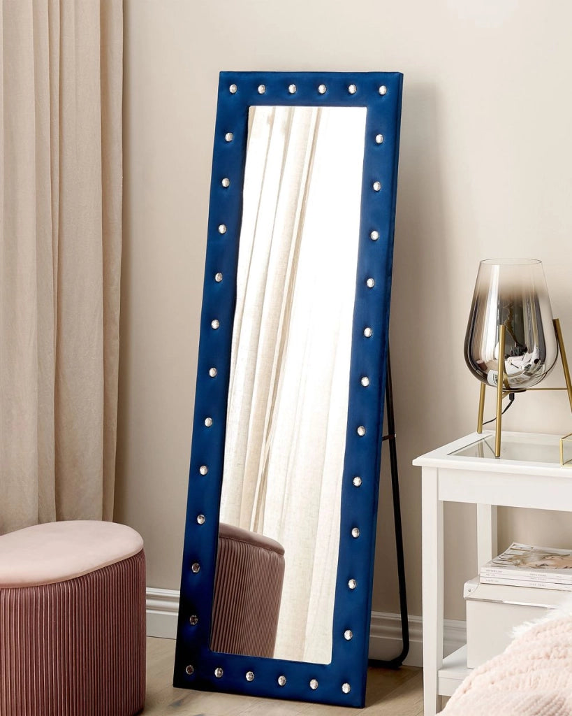 Specchio da terra in velluto blu 50 x 150 cm cornice decorativa strass con supporto glamour da terra sospeso per armadio camera da letto soggiorno