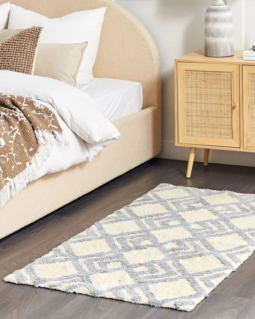 Tappeto beige e grigio 80 x 150 cm cotone fatto a mano motivo geometrico soggiorno camera da letto