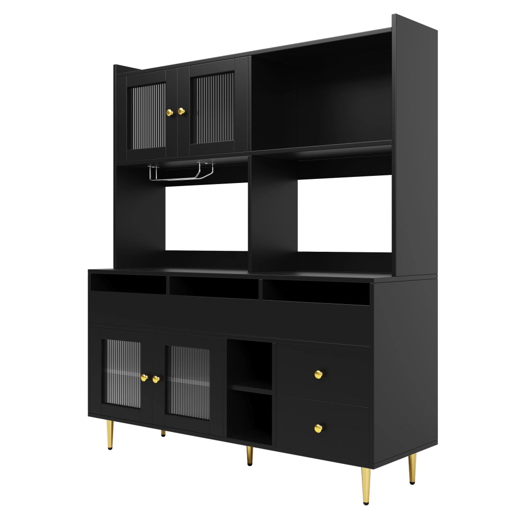 OKWISH Credenza Alta da Cucina con Ripiani e Cassetti, Ante in Vetro Rigato, Portabottiglie, per Sala da Pranzo, 145 x 39 x 171 cm