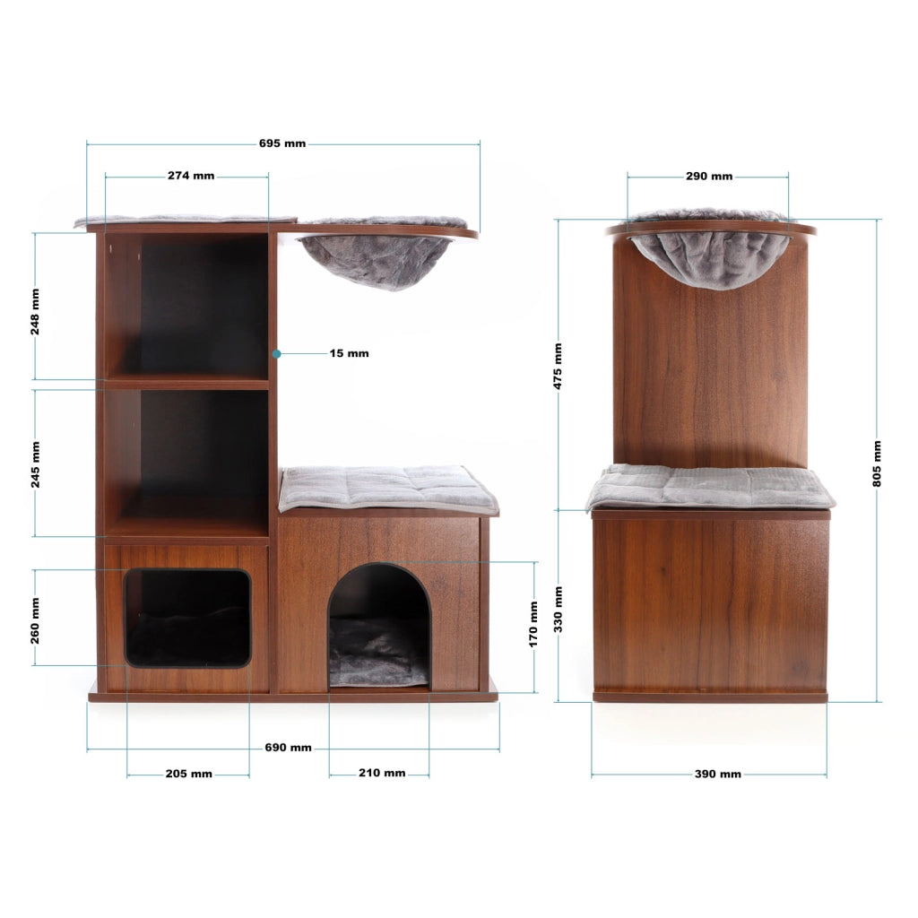 Fudajo Casetta gioco per gatti Design in legno marrone con cuscini e tappetino tiragraffi in sisal