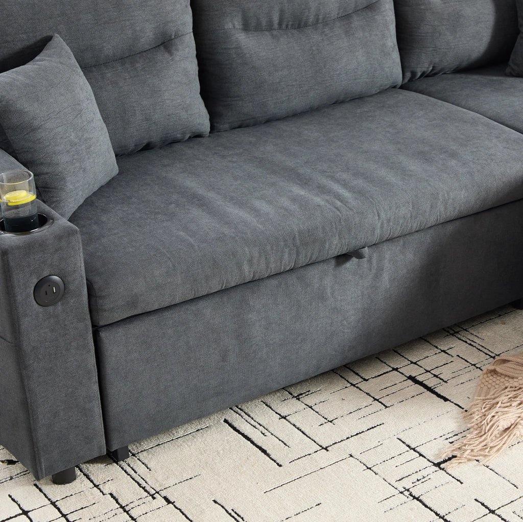 Divano letto 212.5x136x86 cm con chaise longue idraulica e letto estraibile in lino grigio scuro