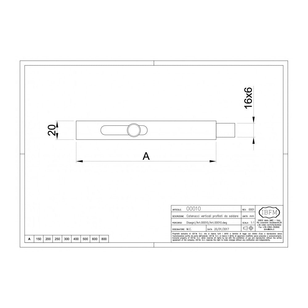 Catenaccio chiavistello da 10x20x400mm verticale a saldare zincato