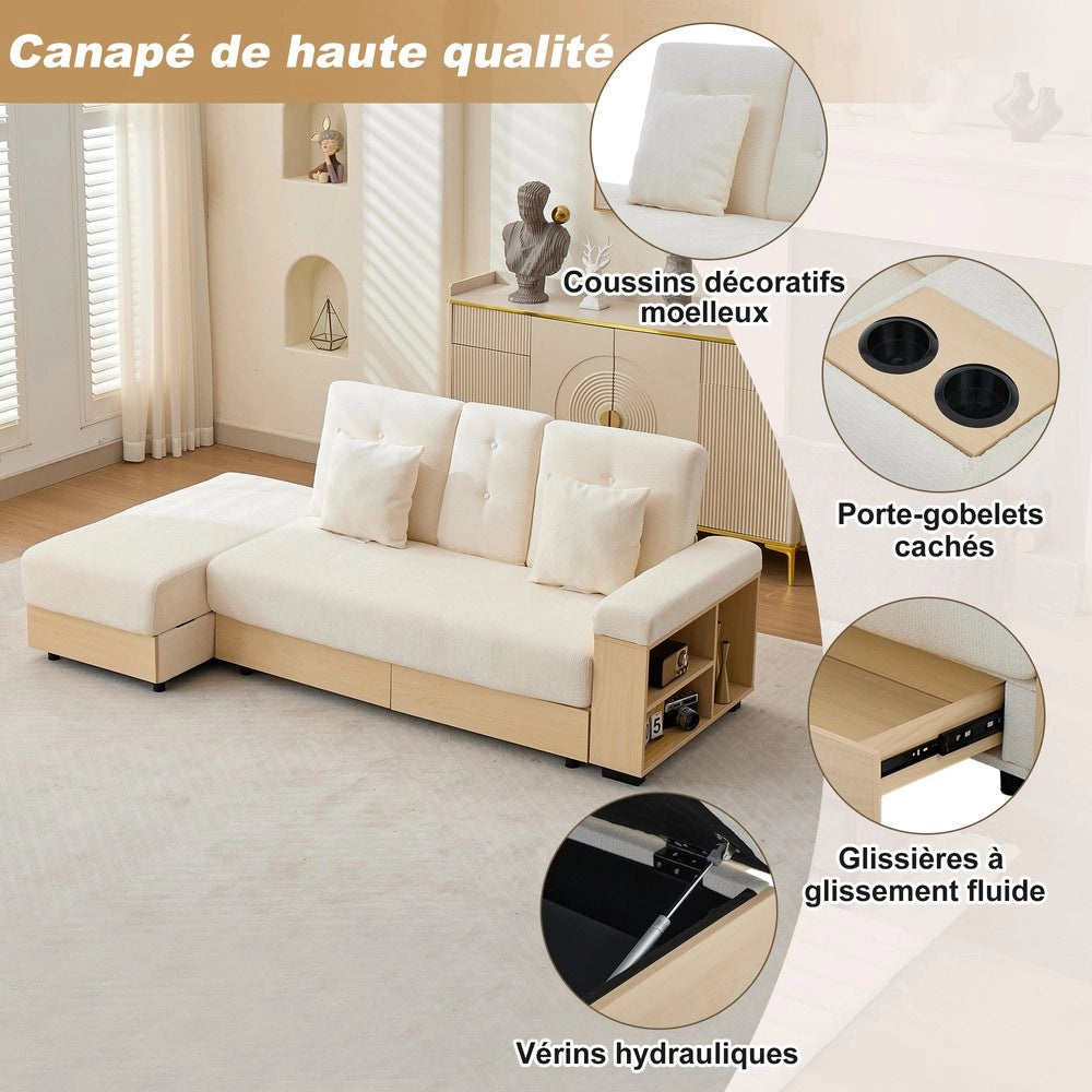 Divano angolare estraibile con cassetti ¨C Minimal ¨C Beige tessuto 217cm