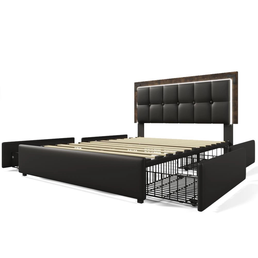 Letto con cassetti 140x200 cm - Xylo - Nero - LED e 4 cassetti