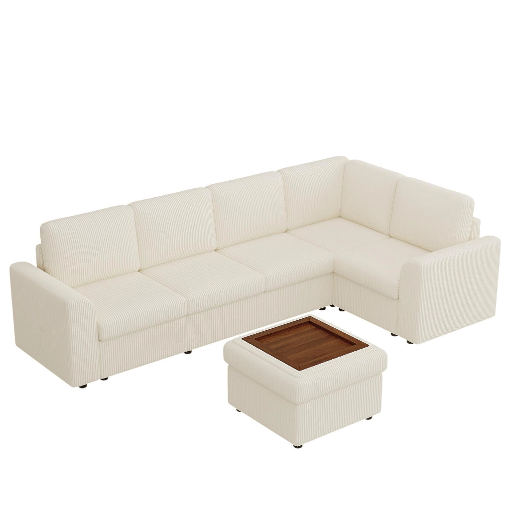 Divano Angolare con Poggiapiedi ¨C Xylo ¨C Beige, Velluto a Coste, 282x153x85 cm