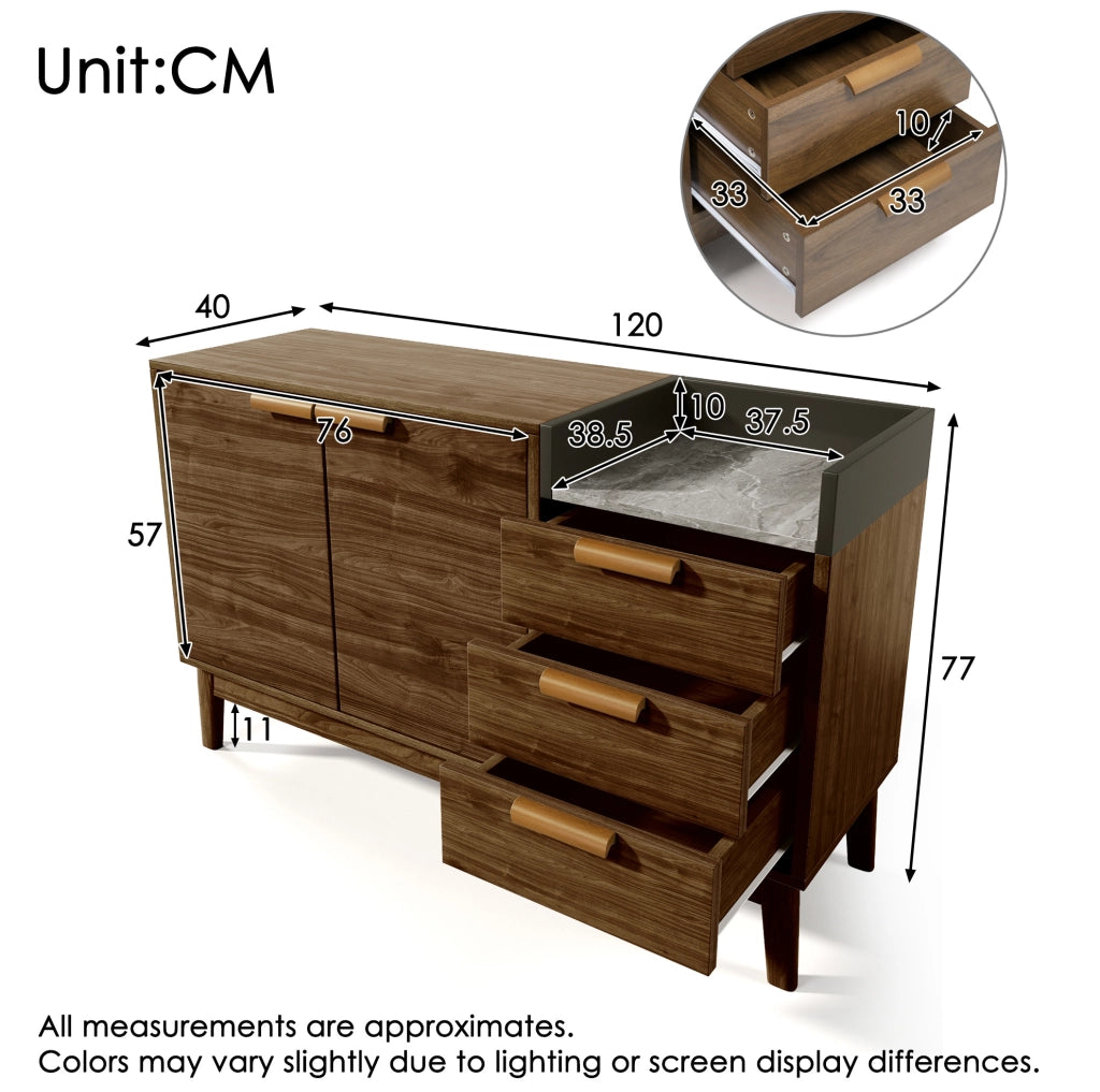 Comò 120x40x77 cm in MDF effetto rovere con 3 cassetti e doppia anta