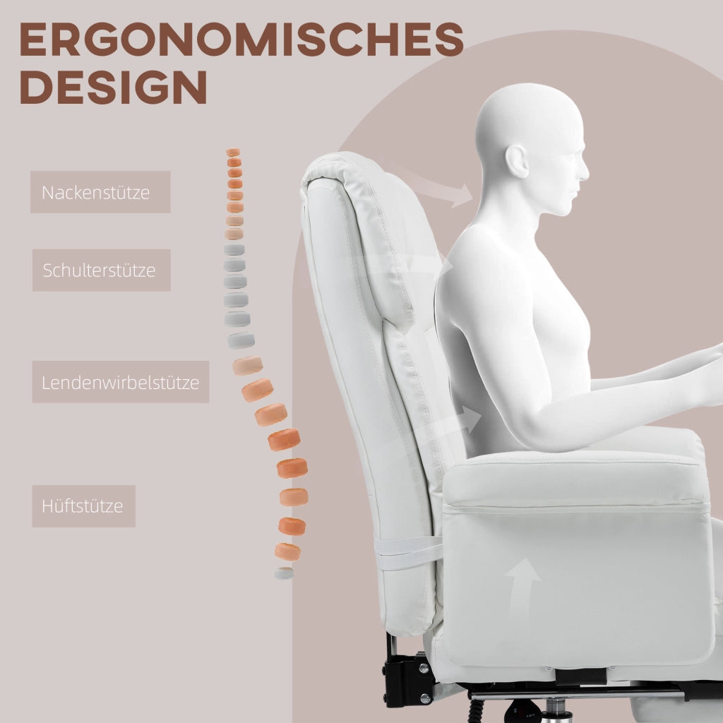 Sedia da ufficio ergonomica con schienale reclinabile e poggiapiedi in pelle rigenerata bianca 69 × 65 × 107-115 cm