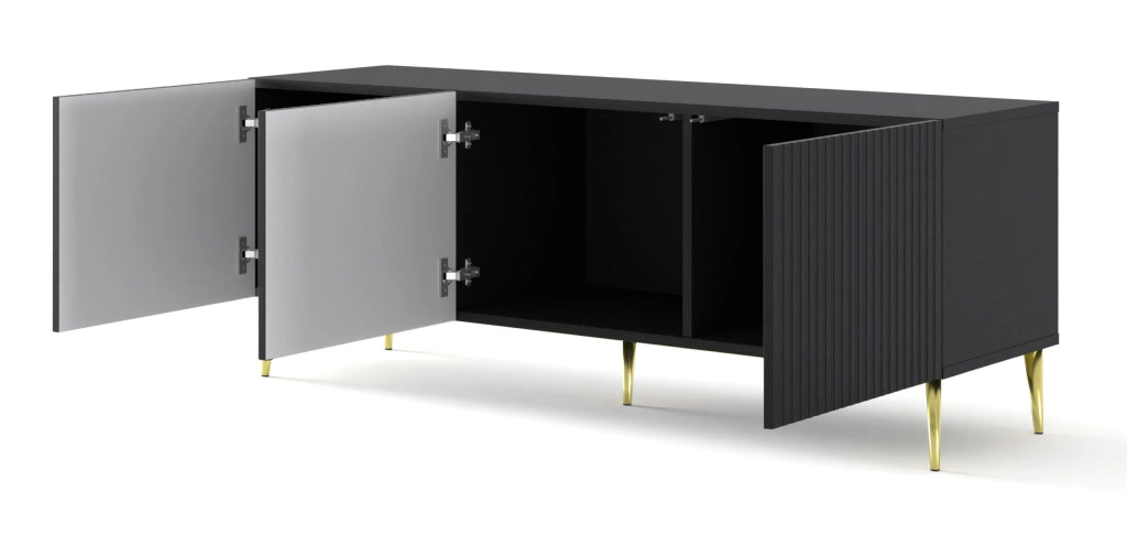 MOBILE RAVENNA B PORTA TV IN MDF RIVESTITO IN FOGLIO 3D 150 NERO OPACO GAMBE ORO