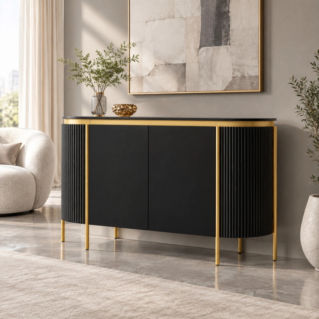 Credenza ovale 4 ante senza maniglie con ripiano passacavi in MDF nero e piedi in ferro 140 × 38 × 80 cm