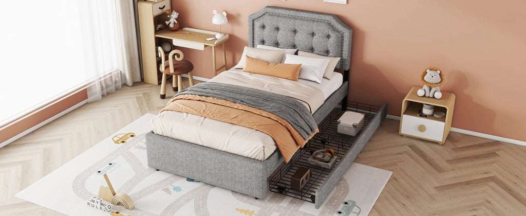DESMIU Lit semplice 90 × 200 cm con 2 cassetti, testiera regolabile, senza materasso, in MDF e lino, grigio