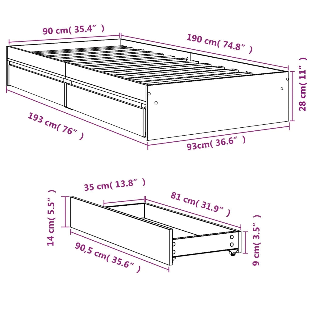 Giroletto Cassetti Grigio Cemento 90x190 cm Legno Multistrato