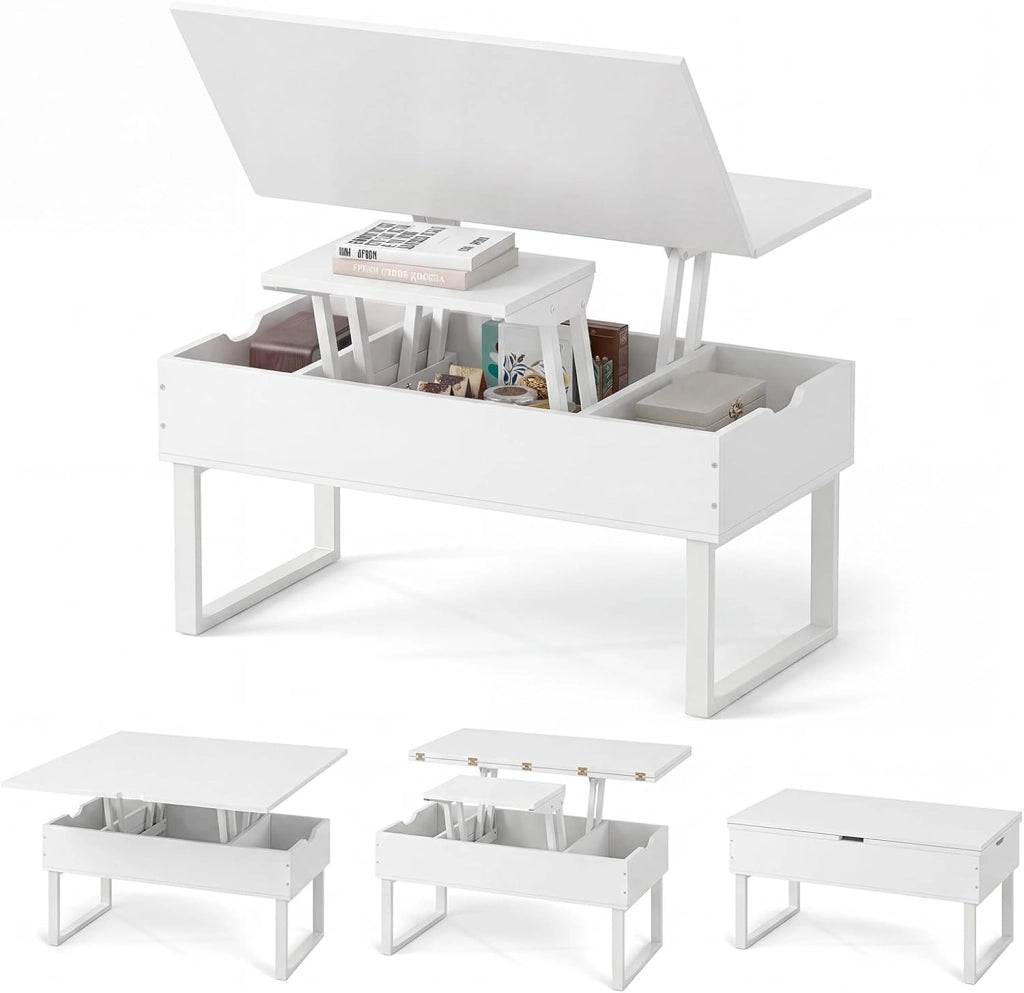 Tavolino da Caffè 3 in 1 con Piano Sollevabile, Tavolo Ausiliario Estensibile con Scomparti Nascosti, Gambe in Metallo, Tavolino Multifunzionale in Legno per Soggiorno e Sala da Pranzo (Bianco)