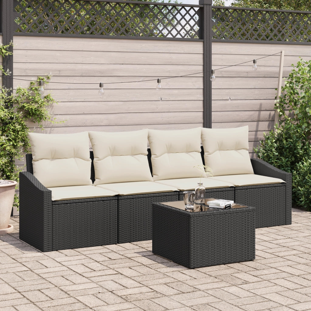 Set Divano da Giardino 5 Pezzi con Cuscini Neri in Rattan Sintetico