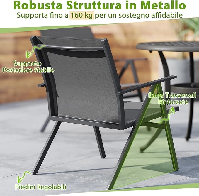 Set di 2 Sedie da Giardino, Poltrone da Esterno con Tessuto a Rete Traspirante e Struttura in Metallo, Portata 160 kg, Sedie da Terrazzo per Veranda, Balcone e Campeggio