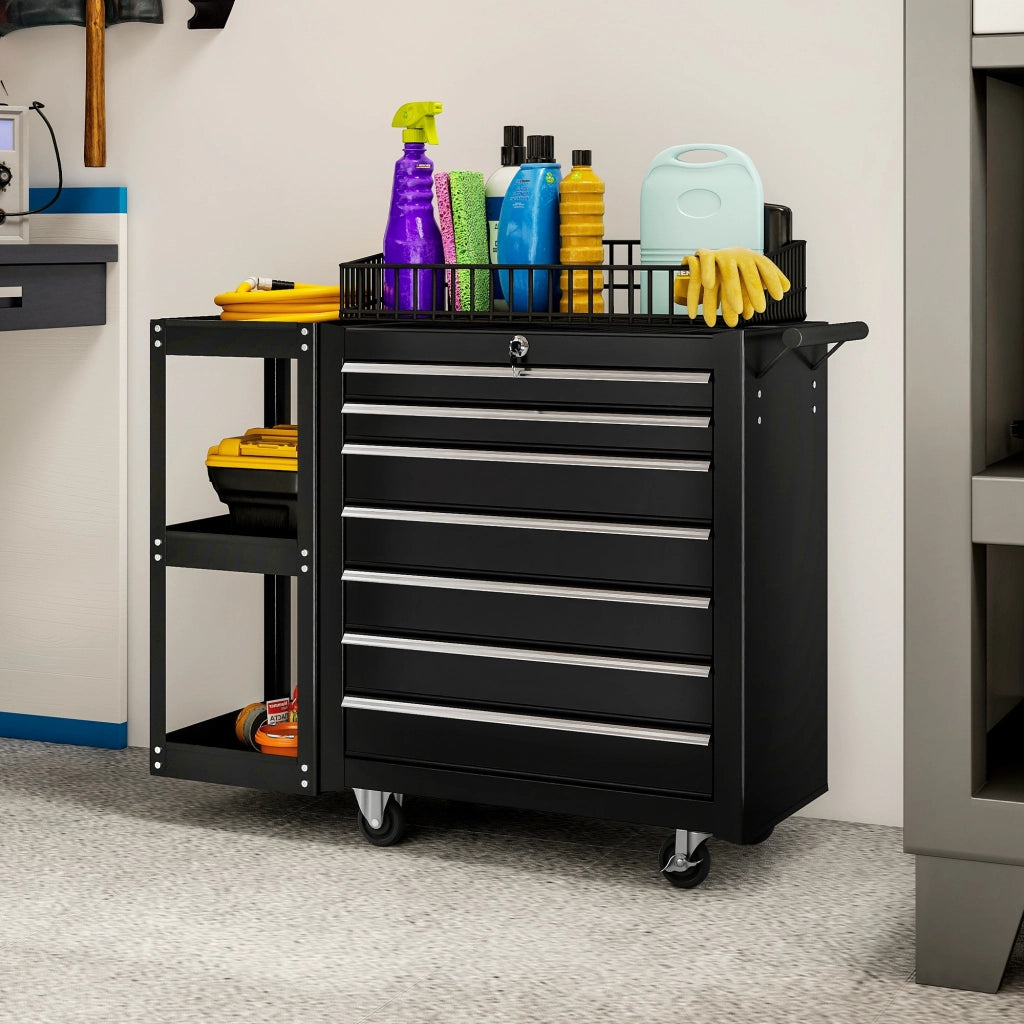 Carrello per utensili con 7 cassetti e scaffale laterale rimovibile ¨C zephmum ¨C Nero, metallo, 96x33.5x75 cm