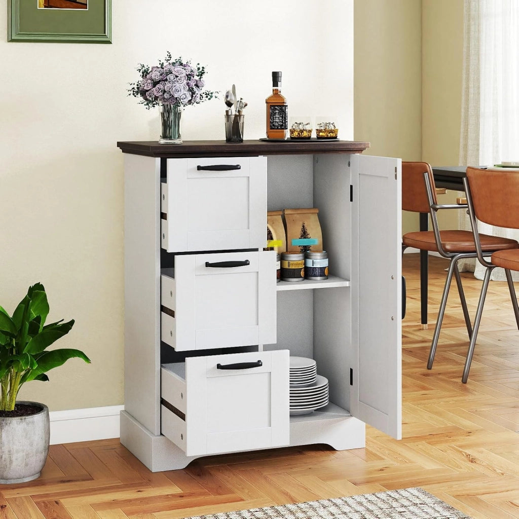 Mobiletto da Pavimento in Legno, Organizzatore per Conservazione Rustico con Porta da Fienile e 3 Cassetti, Buffet Laterale Autonomo per Cucina, Soggiorno, Sala da Pranzo (Bianco)