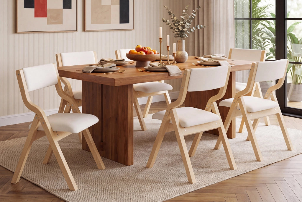 SEDIA Pieghevole in legno massello e lino beige, Set da 6 pezzi, 91,5x49x15,5 cm
