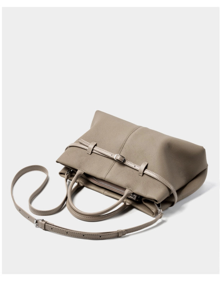 Borsa a mano grande da donna in vera pelle, colore grigio, ideale per il tempo libero.
