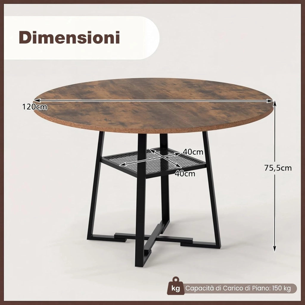 Tavolo da Pranzo Rotondo Ø120 cm, Tavolo da Cucina per 4-6 persone con Ripiano in Rete Metallica, Gambe in Metallo e Base a X Robusta, Stile Industriale, per sala da Pranzo e Soggiorno