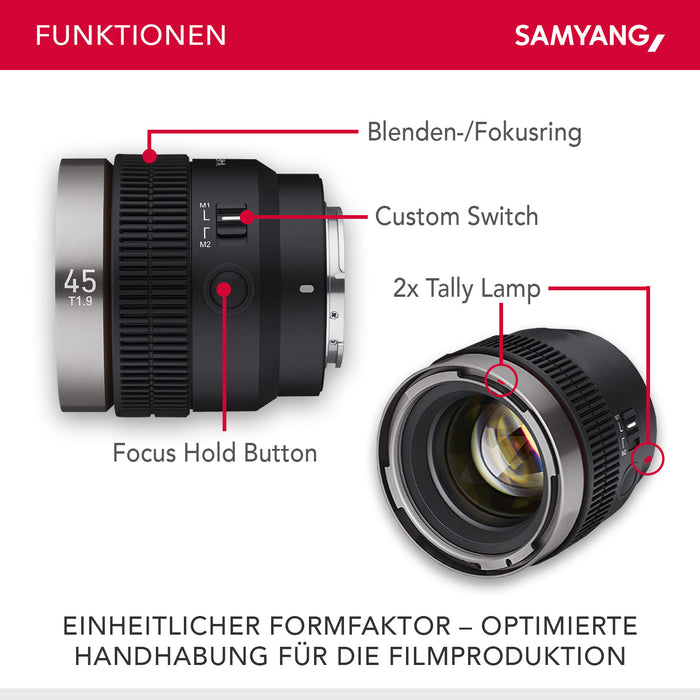 Obiettivo video V-AF 45 mm T1,9 FE compatibile con Sony E, per videocamera, con autofocus risoluzione 8K e Tally lamp, alta intensità luminosa per full-frame e APS-C