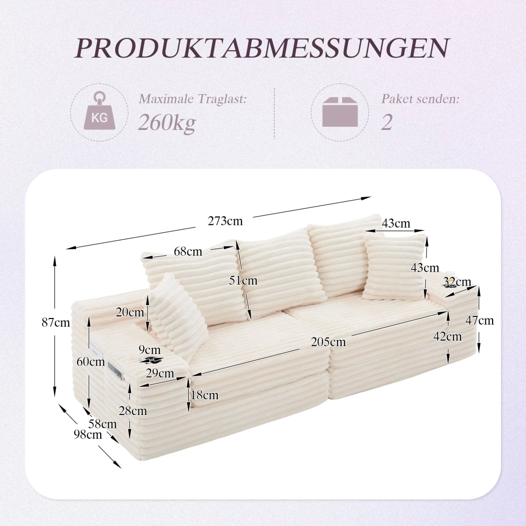 Divano letto con schienale alto tasche laterali e portabicchieri cuscini trasformabile in velluto a coste beige