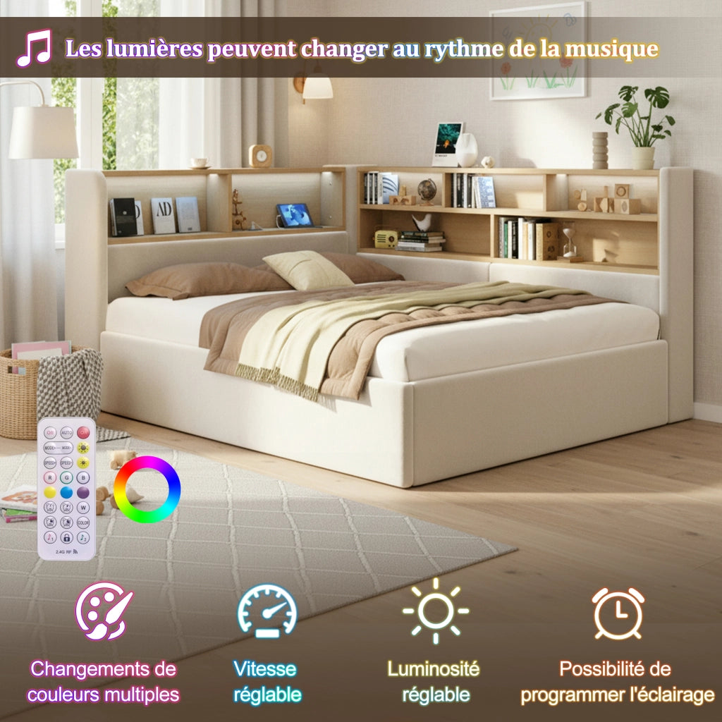 Letto a Divanetto Contenitore con LED; USB e Type-C; in Velluto; Beige