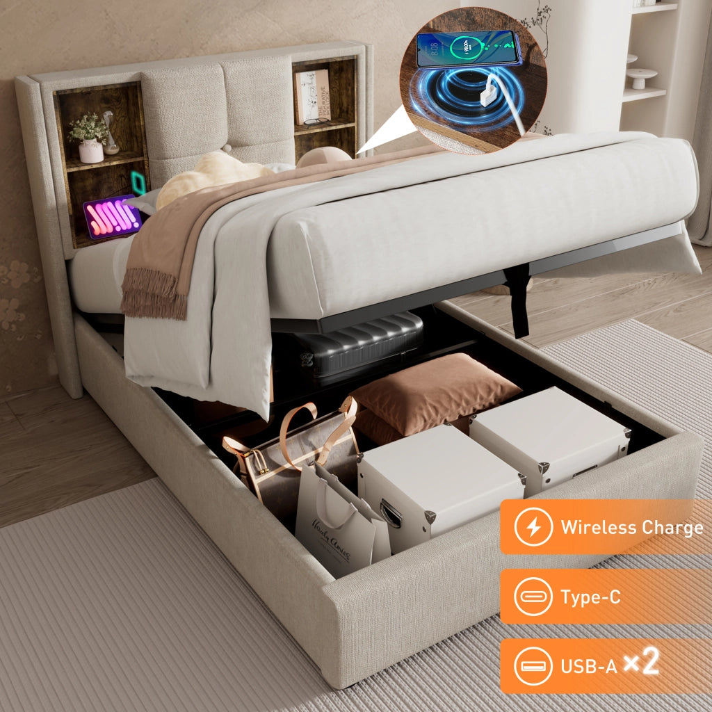 OKWISH Letto Contenitore 90×200 cm, Letto Singolo con Ricarica Wireless, USB e Tipo C, Testiera con Vani a Giorno, senza Materasso, Lino Naturale