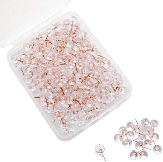Spillini per cartelli 200 pezzi - Capocchioni rossogolden rotondi - Scatola di plastica trasparente - Punzoni in acciaio - Adatti per cartelli da segnalazione - Etichettatura e posizionamento - Spillini per cartelli