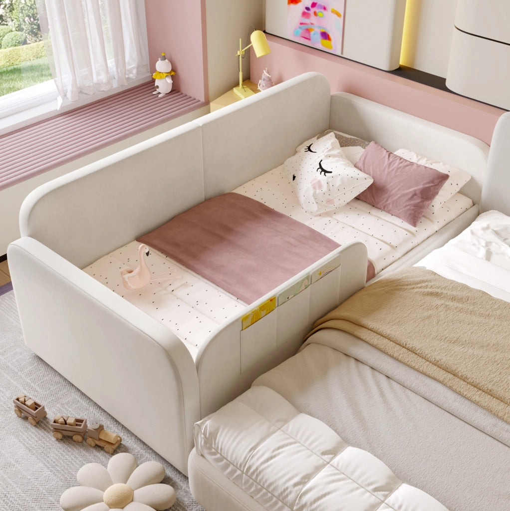 Letto imbottito 90x200 cm con contenitore e tasche in velluto bianco