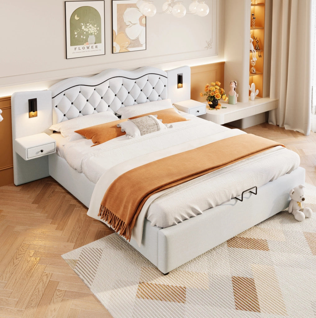 LETTO Imbottito 180x200 cm Beige in lino e MDF con testiera integrata