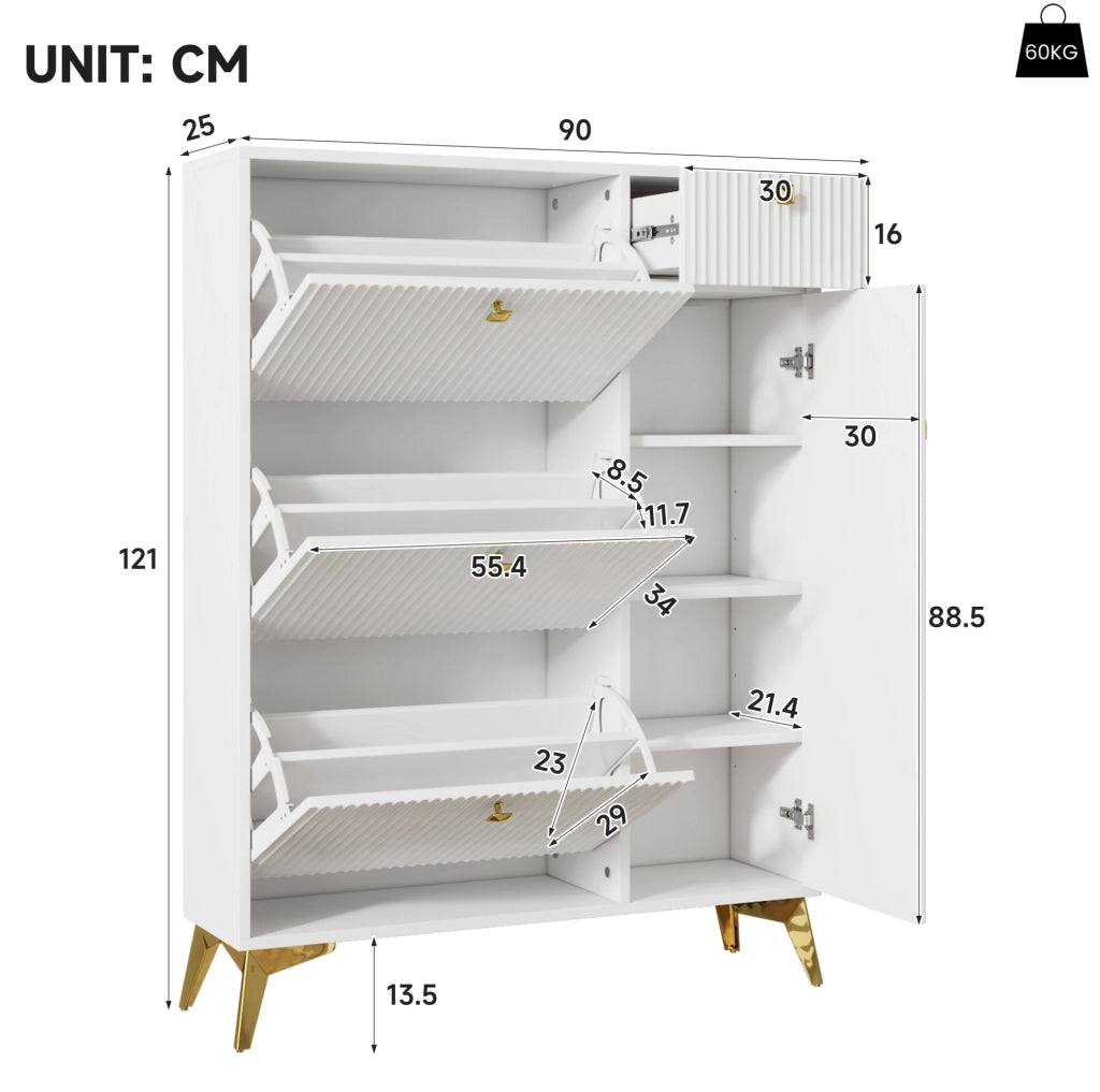 Mobile portascarpe bianco con ripiani regolabili 90x25x121 cm