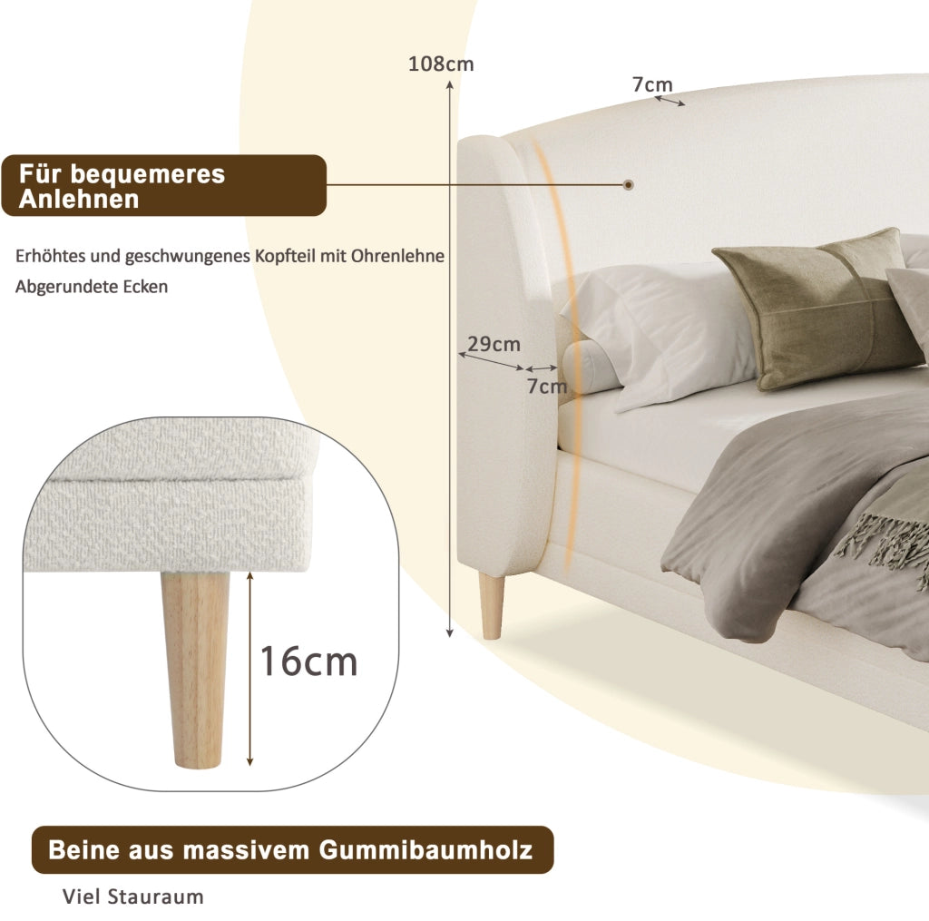 Letto imbottito in bouclé bianco con testiera wingback