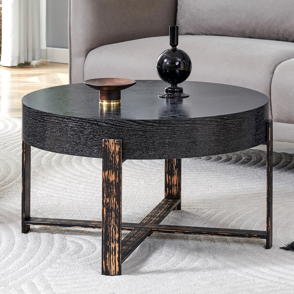 Tavolino laterale rotondo ? 68 x 39 cm con struttura stabile; MDF e metallo nero